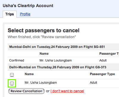 Hit 'Review Cancellation' once you have selected the passengers and segments you want cancelled